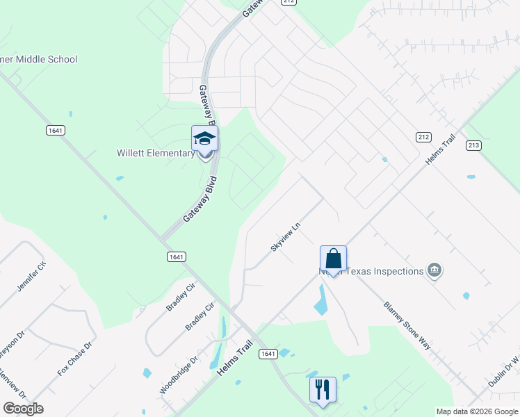 map of restaurants, bars, coffee shops, grocery stores, and more near 13221 Clearview Drive in Forney