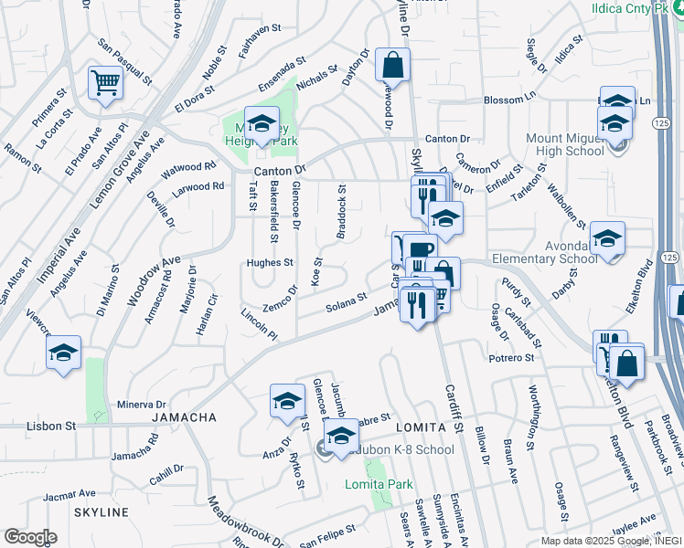 map of restaurants, bars, coffee shops, grocery stores, and more near 8157 Dodie Street in San Diego