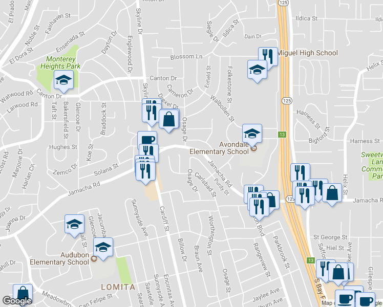 map of restaurants, bars, coffee shops, grocery stores, and more near 1275 Purdy Street in Spring Valley