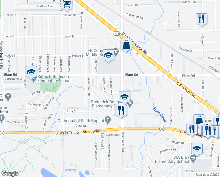 map of restaurants, bars, coffee shops, grocery stores, and more near 415 Bissonet Avenue in Dallas