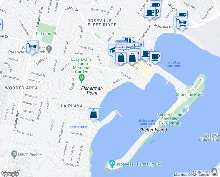 map of restaurants, bars, coffee shops, grocery stores, and more near 877 San Antonio Place in San Diego