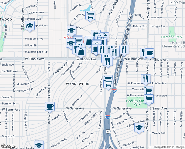 map of restaurants, bars, coffee shops, grocery stores, and more near 2445 Anzio Drive in Dallas