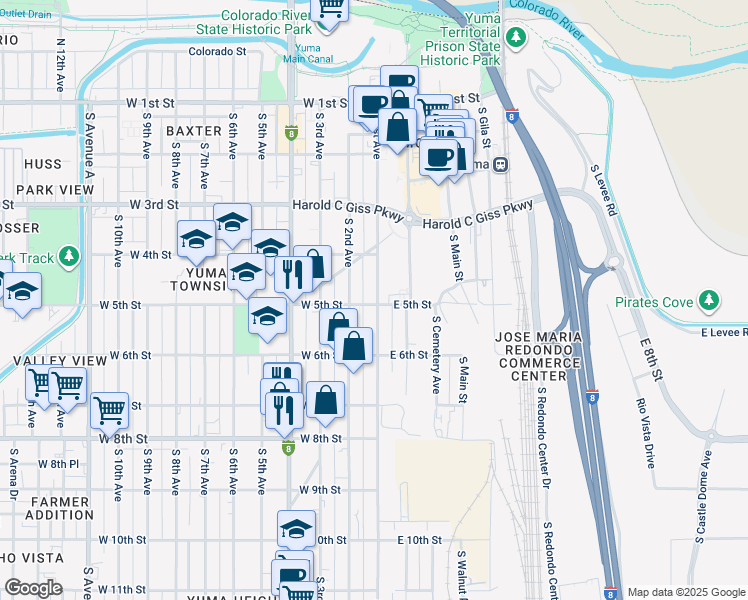 map of restaurants, bars, coffee shops, grocery stores, and more near 502 South 1st Avenue in Yuma