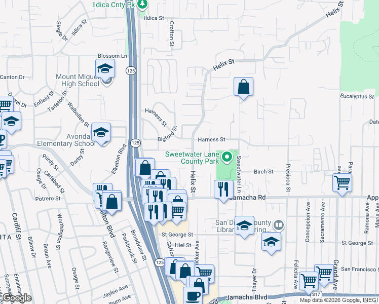 map of restaurants, bars, coffee shops, grocery stores, and more near 1350 Helix Street in Spring Valley