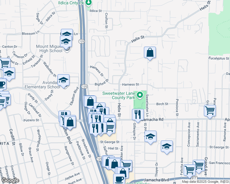 map of restaurants, bars, coffee shops, grocery stores, and more near 1350 Helix Street in Spring Valley