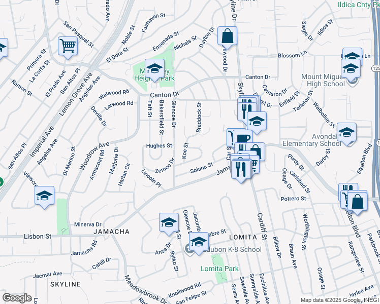 map of restaurants, bars, coffee shops, grocery stores, and more near 8157 Dodie Street in San Diego