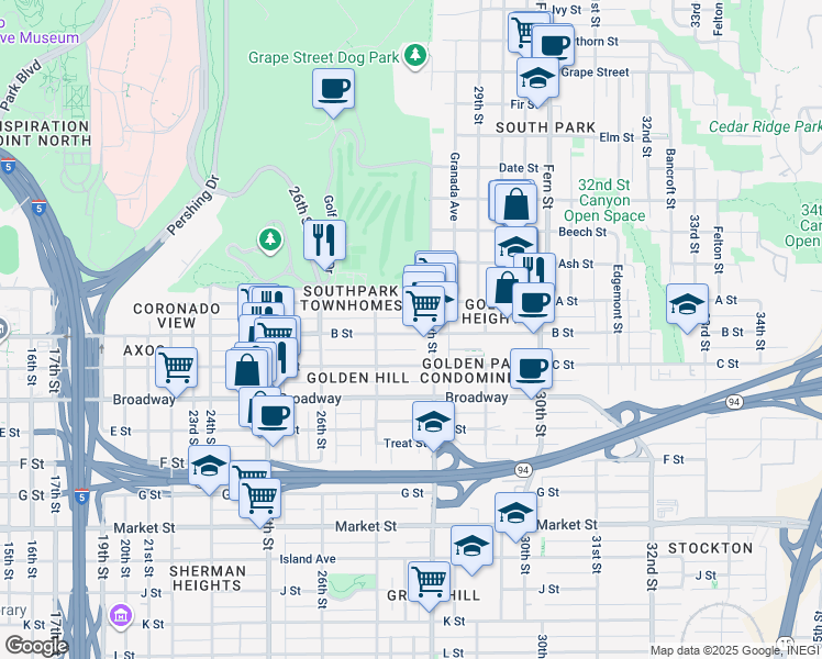 map of restaurants, bars, coffee shops, grocery stores, and more near 2716 B Street in San Diego