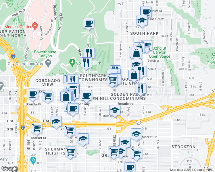 map of restaurants, bars, coffee shops, grocery stores, and more near 2716 B Street in San Diego