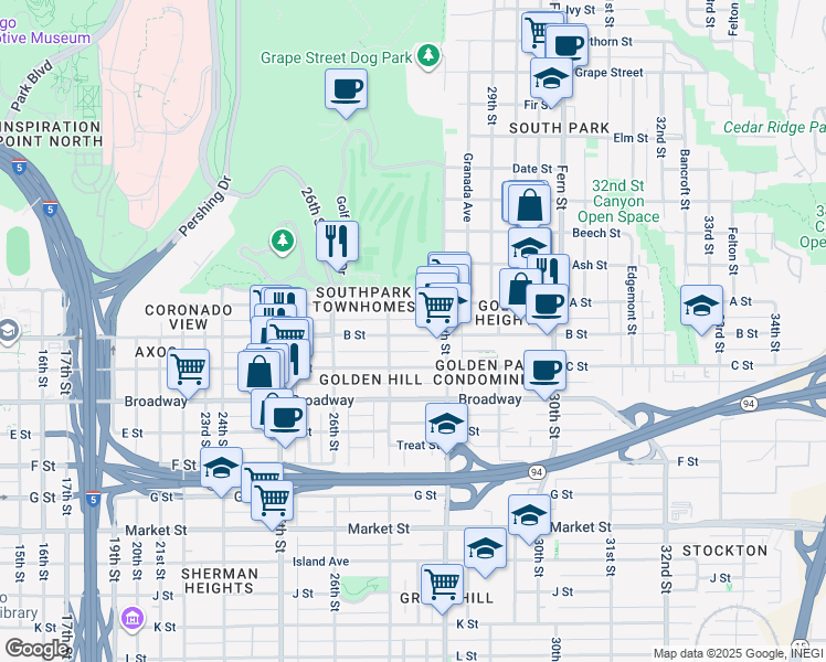 map of restaurants, bars, coffee shops, grocery stores, and more near 2716 B Street in San Diego