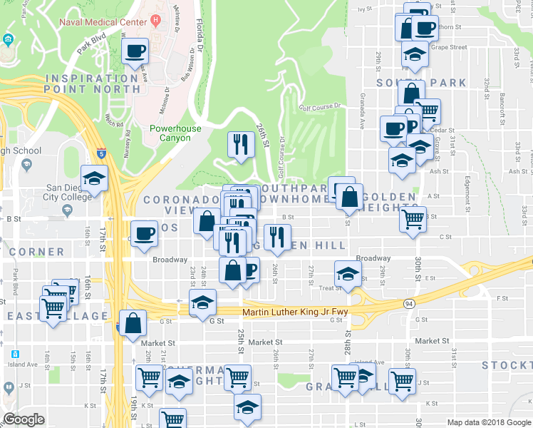 map of restaurants, bars, coffee shops, grocery stores, and more near 2608 B Street in San Diego
