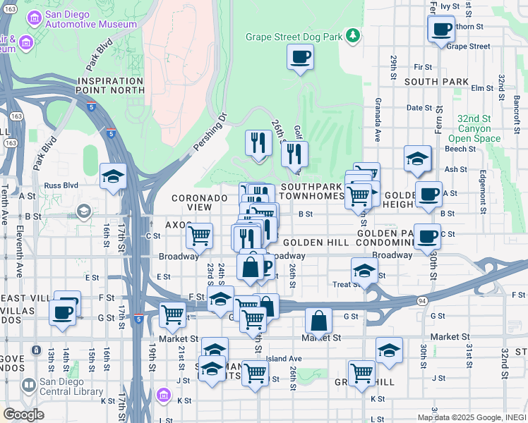 map of restaurants, bars, coffee shops, grocery stores, and more near 2528 B Street in San Diego