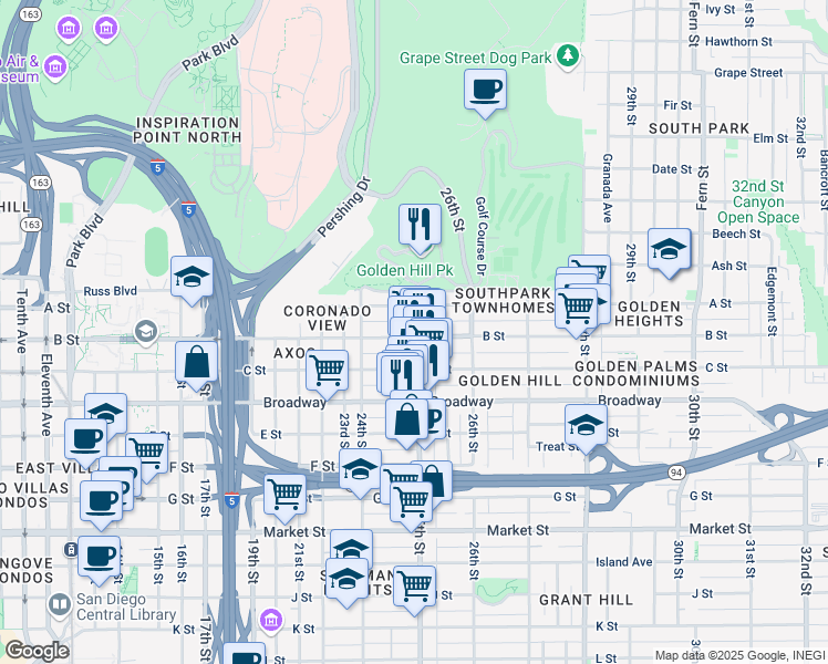 map of restaurants, bars, coffee shops, grocery stores, and more near 2472 B Street in San Diego