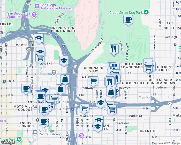 map of restaurants, bars, coffee shops, grocery stores, and more near 2208 B Street in San Diego