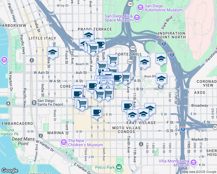 map of restaurants, bars, coffee shops, grocery stores, and more near 1203 Sixth Avenue in San Diego
