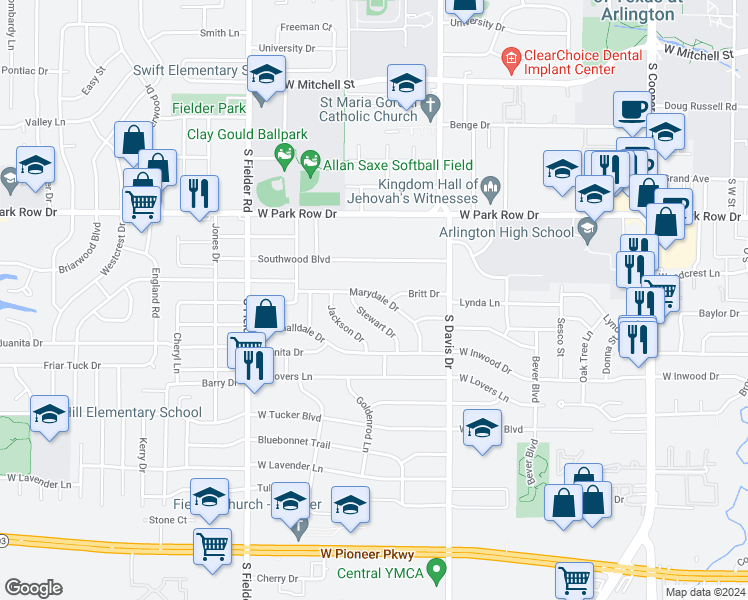 map of restaurants, bars, coffee shops, grocery stores, and more near 1304 Marydale Drive in Arlington