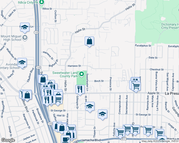 map of restaurants, bars, coffee shops, grocery stores, and more near 1415 Sweetwater Lane in Spring Valley