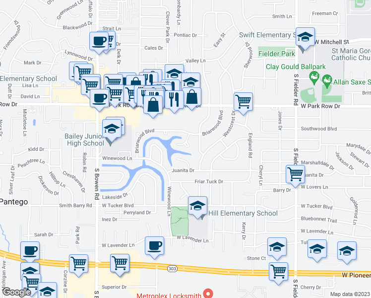 map of restaurants, bars, coffee shops, grocery stores, and more near 1713 Briardale Court in Arlington