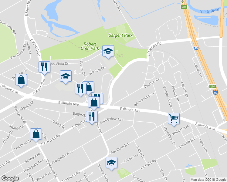 map of restaurants, bars, coffee shops, grocery stores, and more near 3158 Southern Oaks Boulevard in Dallas