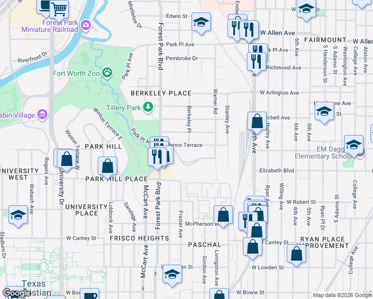 map of restaurants, bars, coffee shops, grocery stores, and more near 2205 Glenco Terrace in Fort Worth