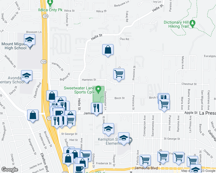 map of restaurants, bars, coffee shops, grocery stores, and more near 1417 Sweetwater Lane in Spring Valley