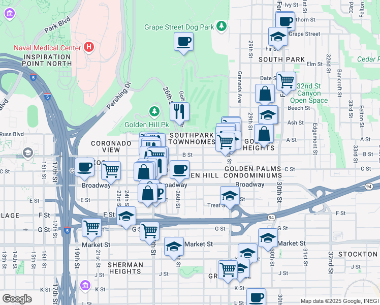 map of restaurants, bars, coffee shops, grocery stores, and more near 2672 B Street in San Diego
