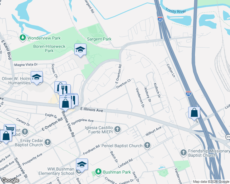 map of restaurants, bars, coffee shops, grocery stores, and more near 3344 East Overton Road in Dallas