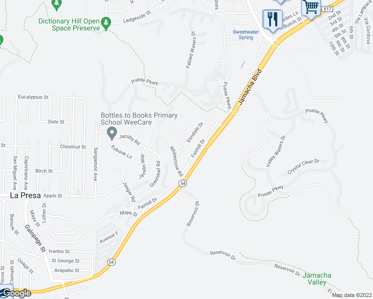 map of restaurants, bars, coffee shops, grocery stores, and more near 10344 Fairhill Drive in Spring Valley