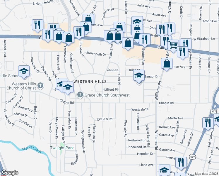 map of restaurants, bars, coffee shops, grocery stores, and more near 8266 Lifford Place in Fort Worth