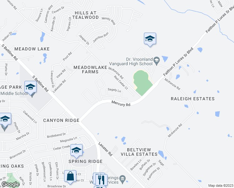 map of restaurants, bars, coffee shops, grocery stores, and more near 4600 Mercury Road in Balch Springs