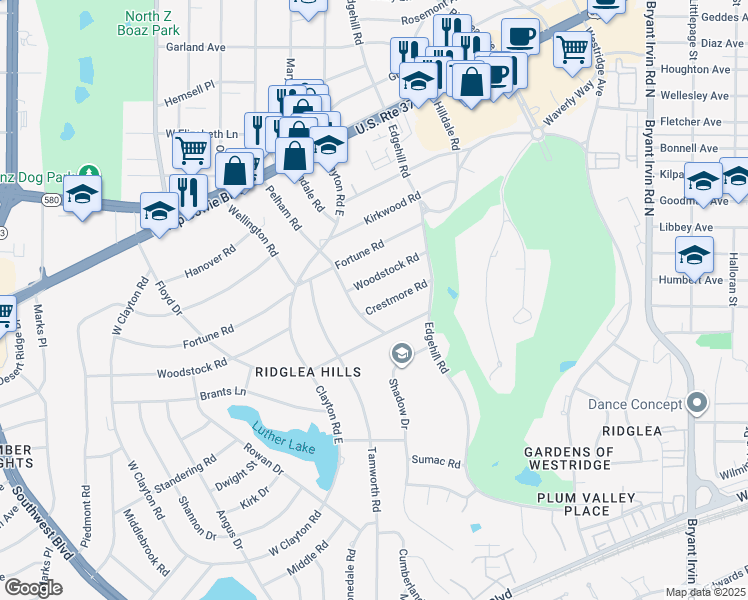 map of restaurants, bars, coffee shops, grocery stores, and more near 6478 Crestmore Road in Fort Worth