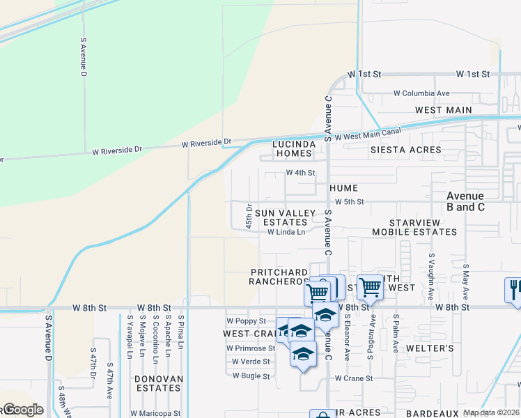 map of restaurants, bars, coffee shops, grocery stores, and more near 540 45th Drive in Yuma