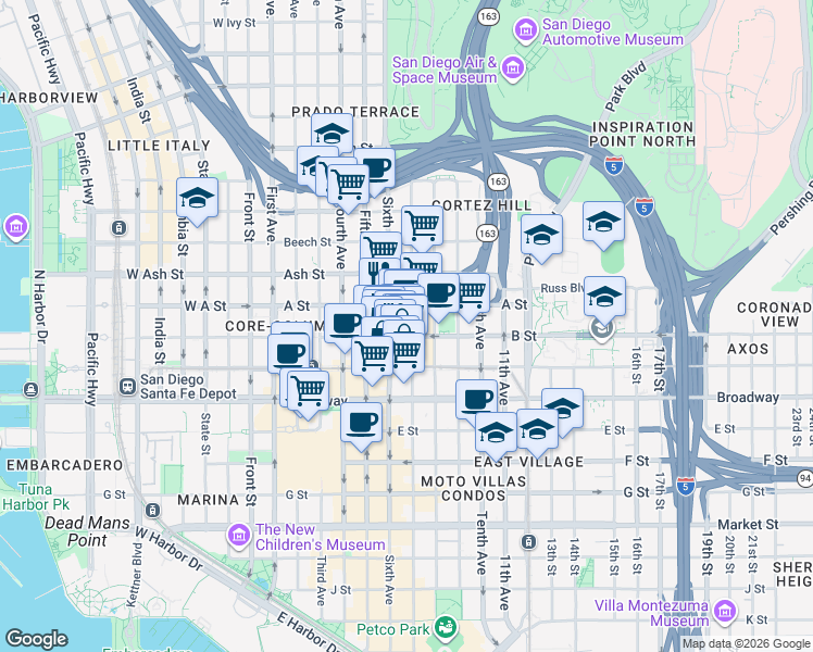 map of restaurants, bars, coffee shops, grocery stores, and more near 600 B Street in San Diego