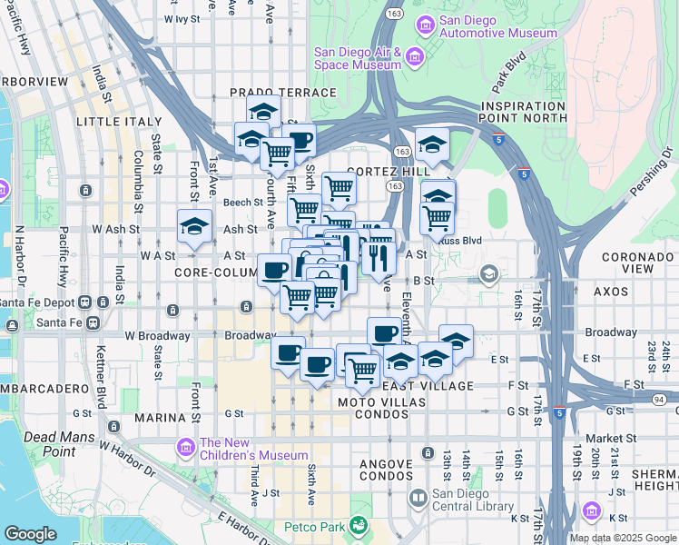 map of restaurants, bars, coffee shops, grocery stores, and more near in San Diego