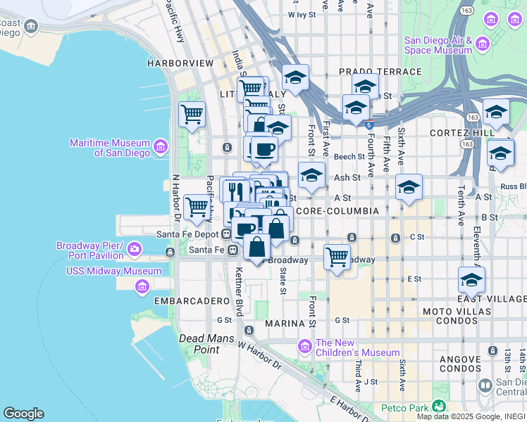 map of restaurants, bars, coffee shops, grocery stores, and more near 550 West B Street in San Diego
