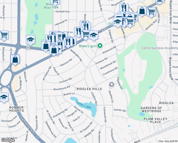 map of restaurants, bars, coffee shops, grocery stores, and more near 3858 Tamworth Road in Fort Worth