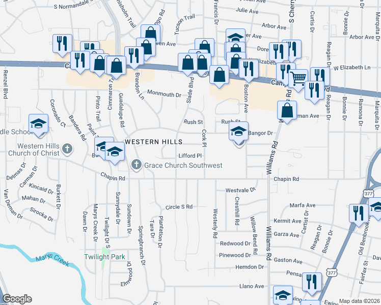 map of restaurants, bars, coffee shops, grocery stores, and more near 8266 Lifford Place in Fort Worth