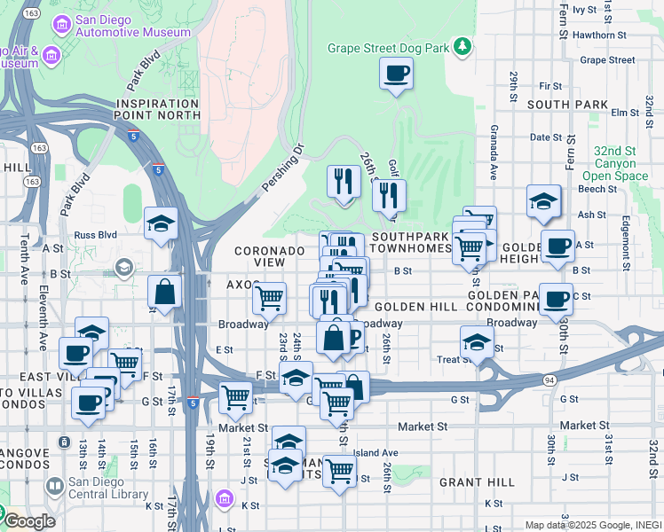 map of restaurants, bars, coffee shops, grocery stores, and more near 2472 B Street in San Diego