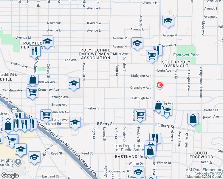 map of restaurants, bars, coffee shops, grocery stores, and more near 3800 Crenshaw Avenue in Fort Worth