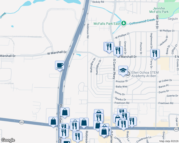 map of restaurants, bars, coffee shops, grocery stores, and more near 1910 Wellington Drive in Grand Prairie