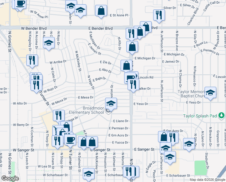 map of restaurants, bars, coffee shops, grocery stores, and more near 616 East Mesa Drive in Hobbs