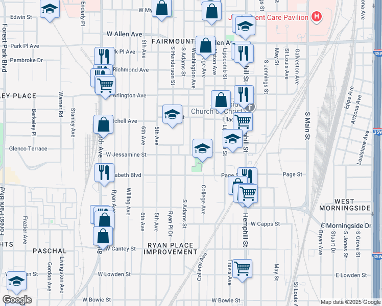 map of restaurants, bars, coffee shops, grocery stores, and more near 2500 Washington Avenue in Sansom Park