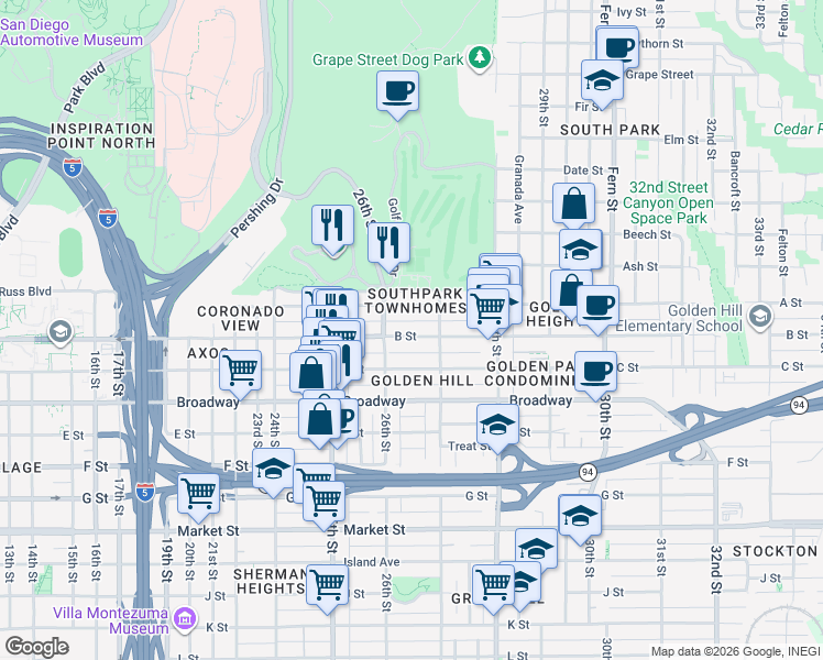 map of restaurants, bars, coffee shops, grocery stores, and more near 2 B Street Pier in San Diego