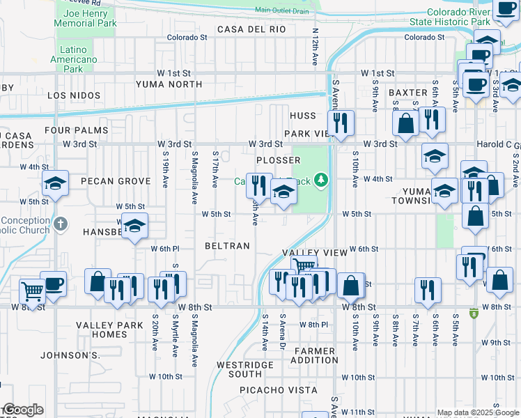 map of restaurants, bars, coffee shops, grocery stores, and more near 1498 West 5th Street in Yuma