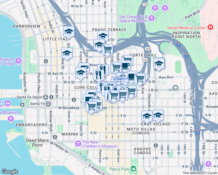 map of restaurants, bars, coffee shops, grocery stores, and more near in San Diego