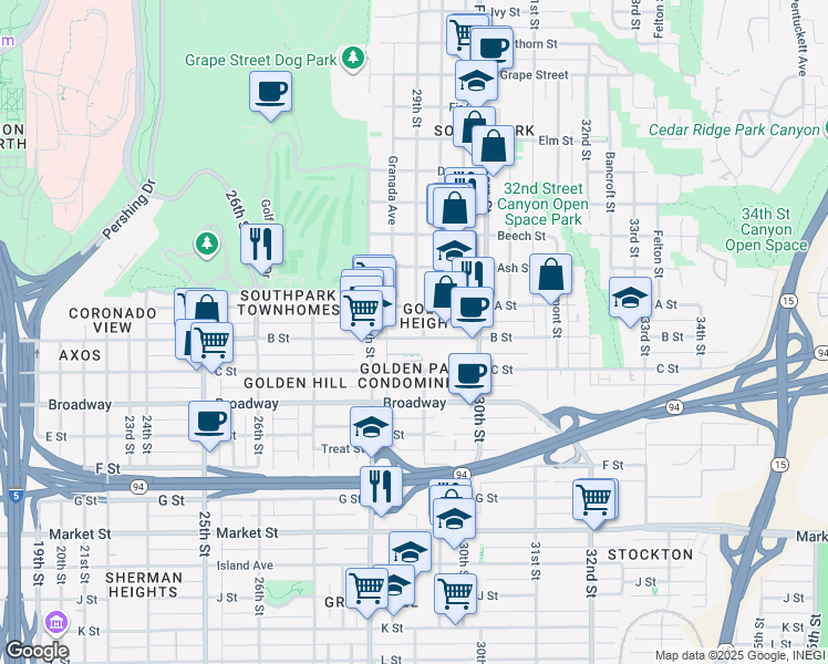 map of restaurants, bars, coffee shops, grocery stores, and more near 2874 B Street in San Diego