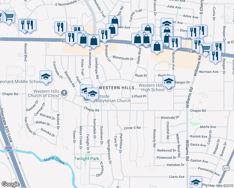 map of restaurants, bars, coffee shops, grocery stores, and more near 8408 Kinsale Court in Fort Worth