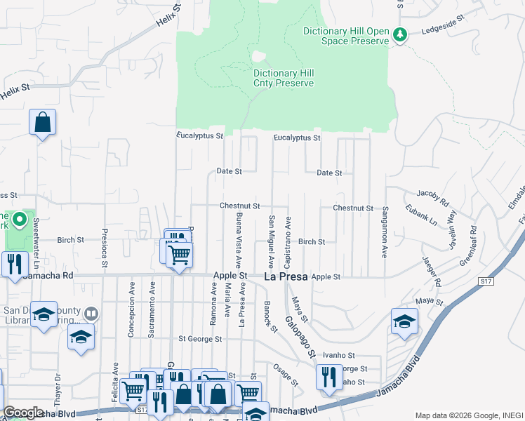 map of restaurants, bars, coffee shops, grocery stores, and more near 1310 La Presa Avenue in Spring Valley