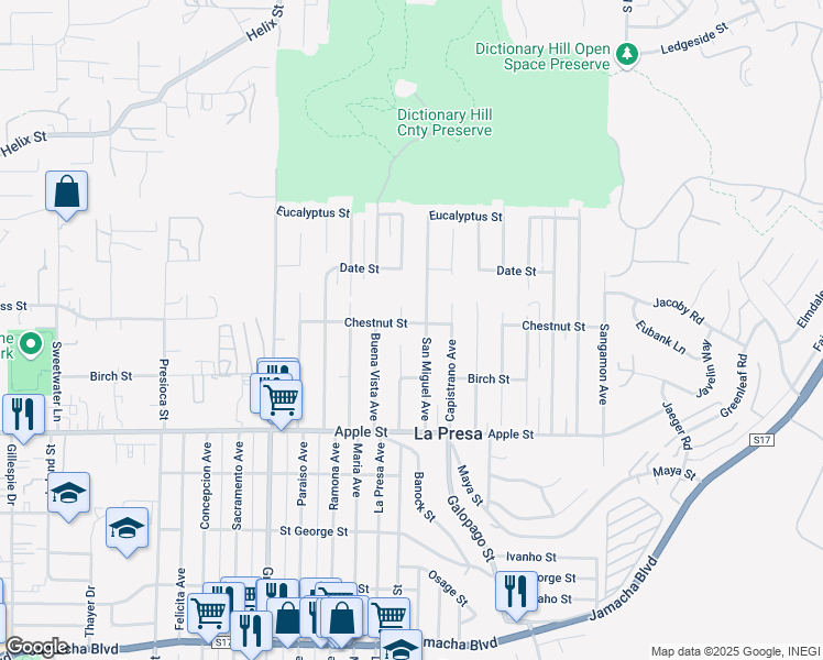 map of restaurants, bars, coffee shops, grocery stores, and more near 1310 La Presa Avenue in Spring Valley