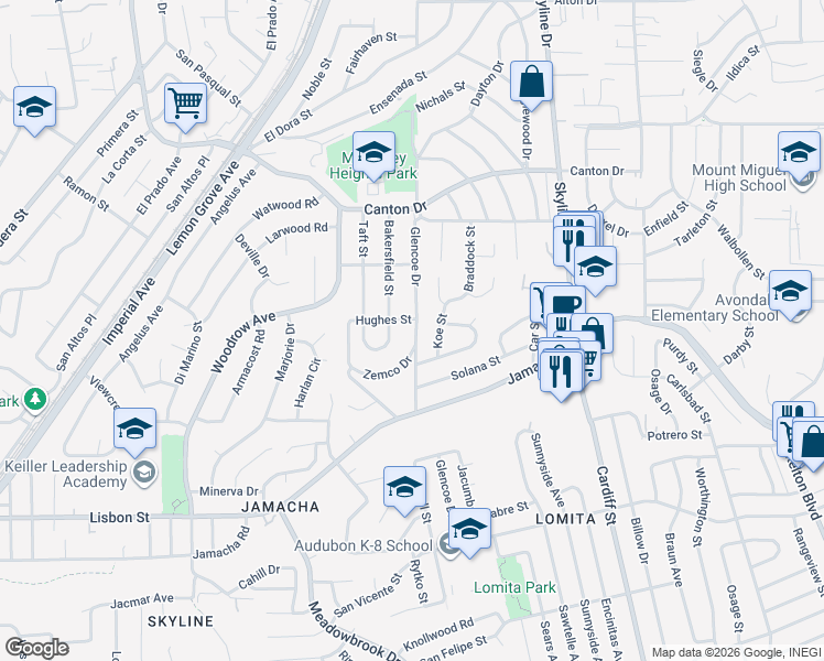 map of restaurants, bars, coffee shops, grocery stores, and more near 1134 Koe Street in San Diego