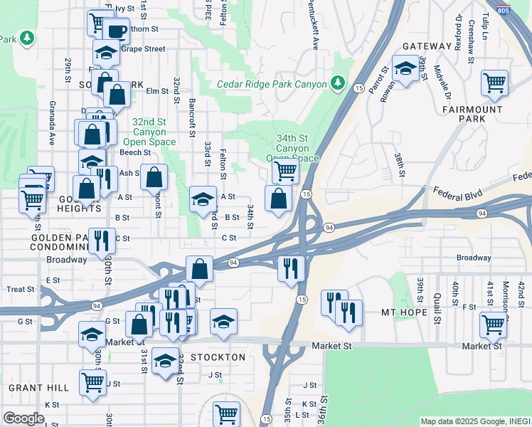 map of restaurants, bars, coffee shops, grocery stores, and more near 1201 34th Street in San Diego